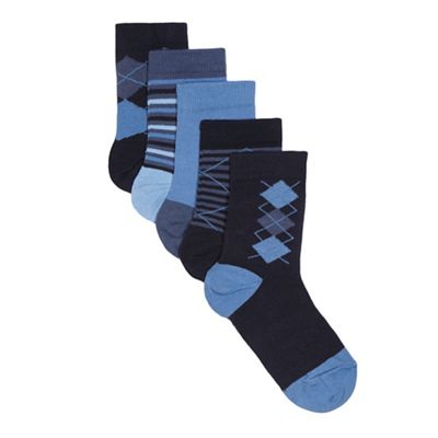 bluezoo Boy's pack of five navy argyle and striped socks